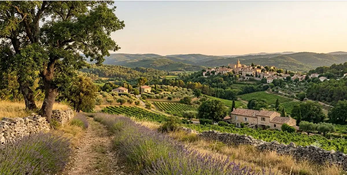 Vignes, lavande et calanques du Var vus depuis les hauteurs de la Provence Verte